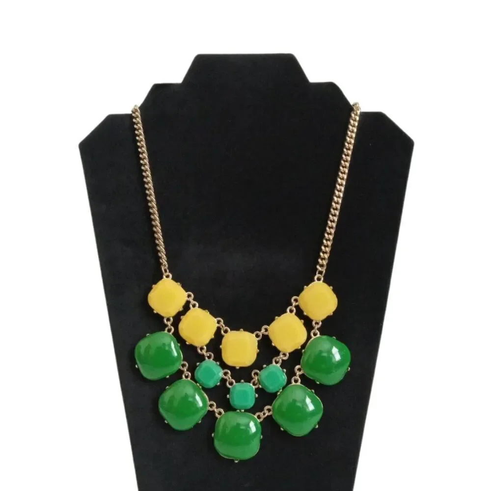 Green and Yellow Stones Gold Toned Curb Link Chain Bib Style Statement Necklace